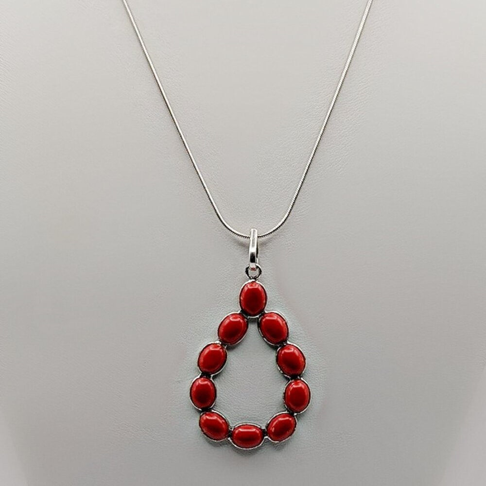 Red Coral Teardrop Pendant Necklace - 20" Sterling Rope Chain
